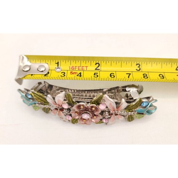 Vintage Floral  dragonfly Enamel Hair Barrette With Rhinestones & Leaf Accents - Picture 3 of 3